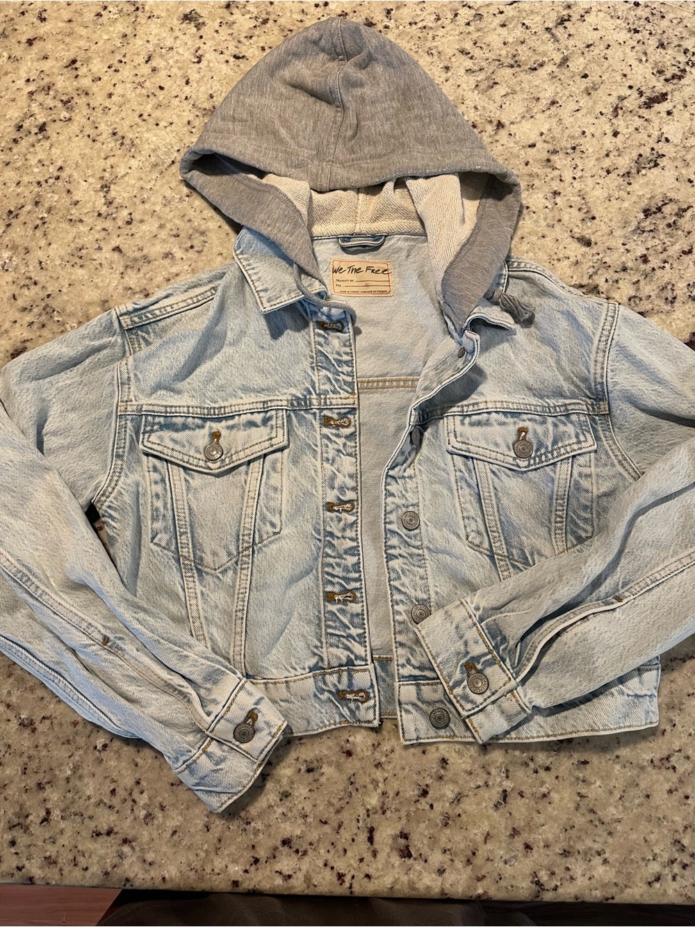We The Free Light Wash Denim Jacket with Gray Hood